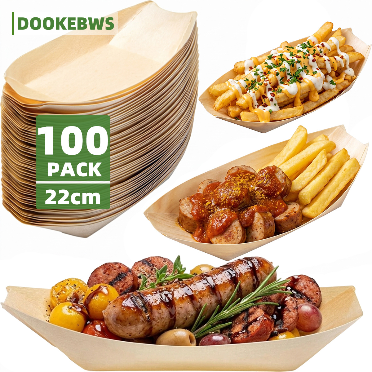 Image of 100 Boat-shaped Snack Plates, 22cm - Wooden Plates, Disposable Plates, Chip Plates - Sturdy, For Weddings, Birthdays, Bbqs, Fall，halloween，christmas