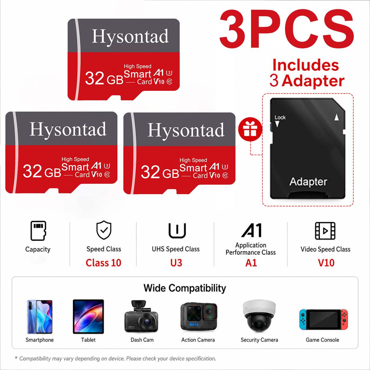 TEMU Hysontad 3pcs Premium Tf Memory Card 128gb/ 64gb/ 32gb/ 16gb/ 8gb/ 4gb/ 2gb/ 1gb With Adapter, A1 Rated Class Performance For Android Devices,