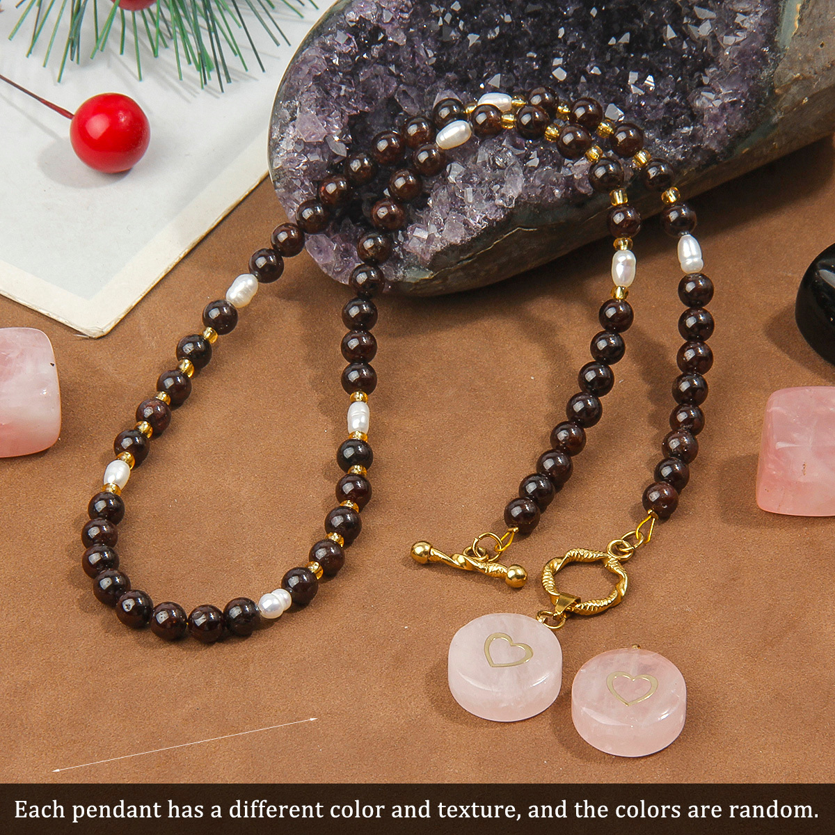Pink Round Pendant Necklace with Garnet