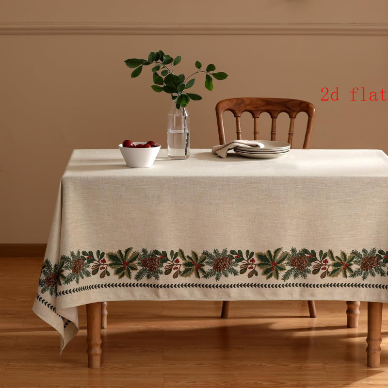 TEMU 2d Flat-1pc Rectangular Tablecloth, Country Farmhouse Rectangular Tablecloth, Vintage With Pine Cone, Holly Leaf And Berry Table Cover, Outdoor