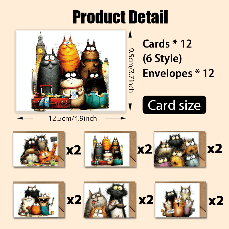 TEMU Upgraded Version With Thickened Premium Cardstock, 12pcs Christmas Greeting Cards With 12pcs Envelopes, Cute Cats, Funny Kittens, Weird Kittens,