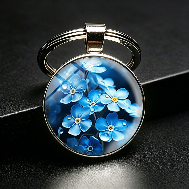 TEMU 1pc Dew Covered Blue Me Nots Men Keyring Glass Dome Keychain Gifts For
