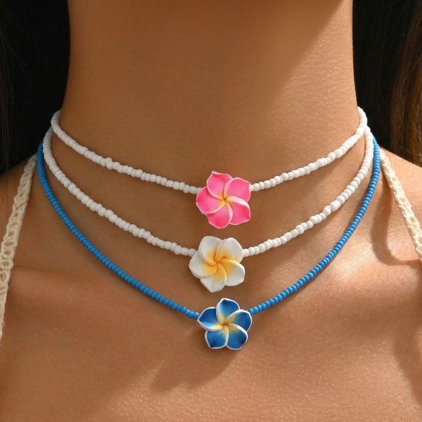 Image of 3pcs Men Women Fashion Beach Plumeria Necklace Set Handmade Adjustable Bohemian Yellow/blue/pink Hawaiian Floral, Suitable For Daily Gathering Casual Party Wear, Birthday Holiday Festive Gift