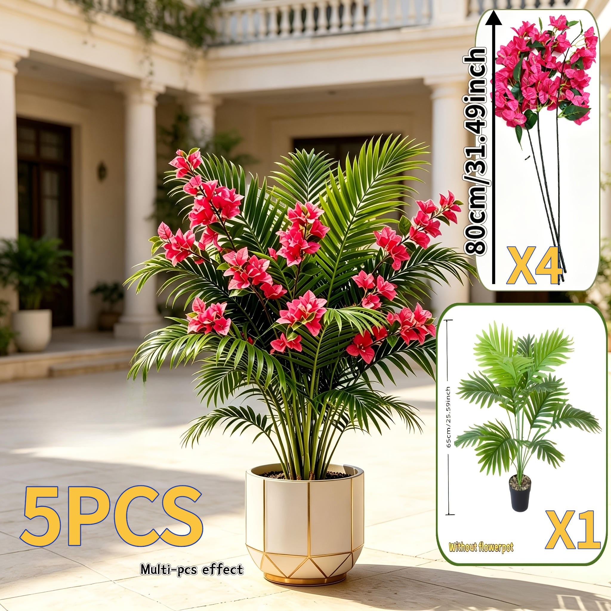 5pcs Extra Large Artificial Palm And , Oversized Leaves, Dense Flower Branches, No-water Evergreen Fake Plants For Indoor And Outdoor. Great Decor For Home, Office, Garden, Valentine's Day, Easter
