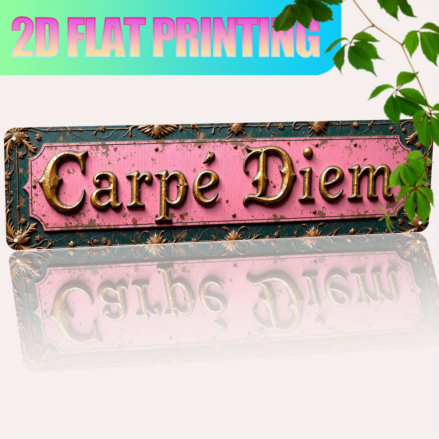 TEMU 2D Plat - Een 2D bord met de vintage Latijnse zin ' ' in roze en gouden lettertype, ontworpen in een rustieke stijl. Deze duurzame aluminium is