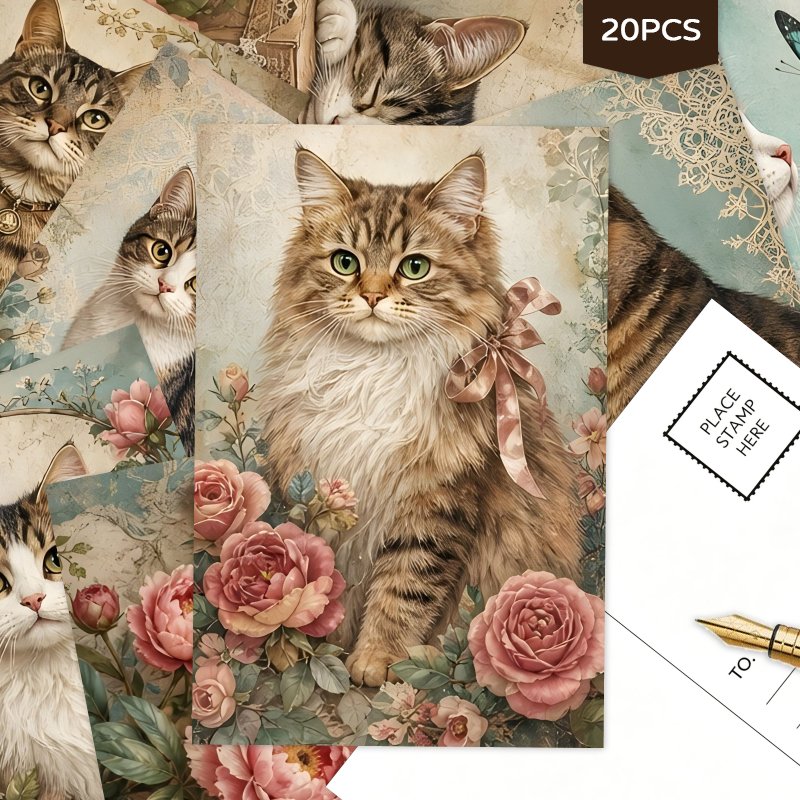 TEMU 20pcs Vintage Cat Animal Postcards Blank Art Mixed Postcard Set Floral Nature Poster Thank You Postcards For Mailing Party Supplies