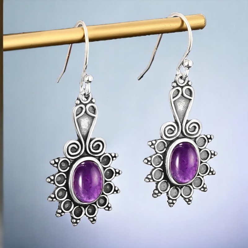 Women's Retro Ethnic Style Purple Drop Earrings, Copper