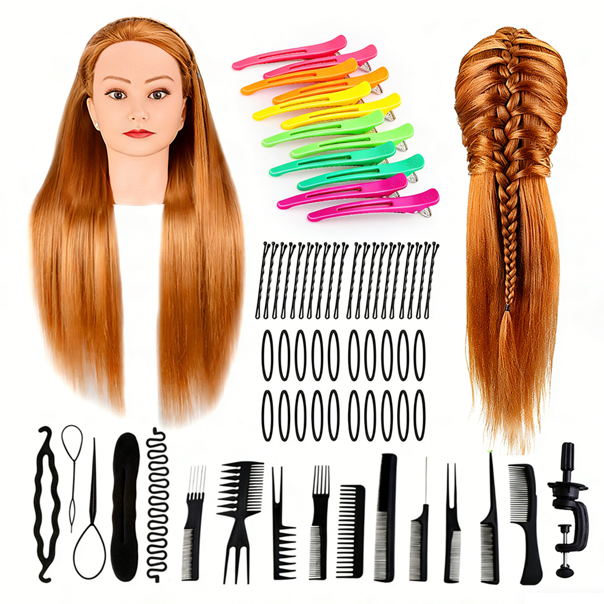 Cosmetology Hair Mannequin With Table Clamp Holder, Training Doll Head For Hair Styling Practice With Real Human Hair