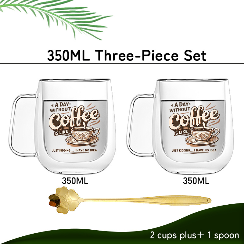 TEMU 3pcs (2 Cups And 1 Spoon) Double-layer Borosilicate Glass Mug With Design Pattern, Suitable For Coffee, Tea, And Dairy Beverages. Suitable For