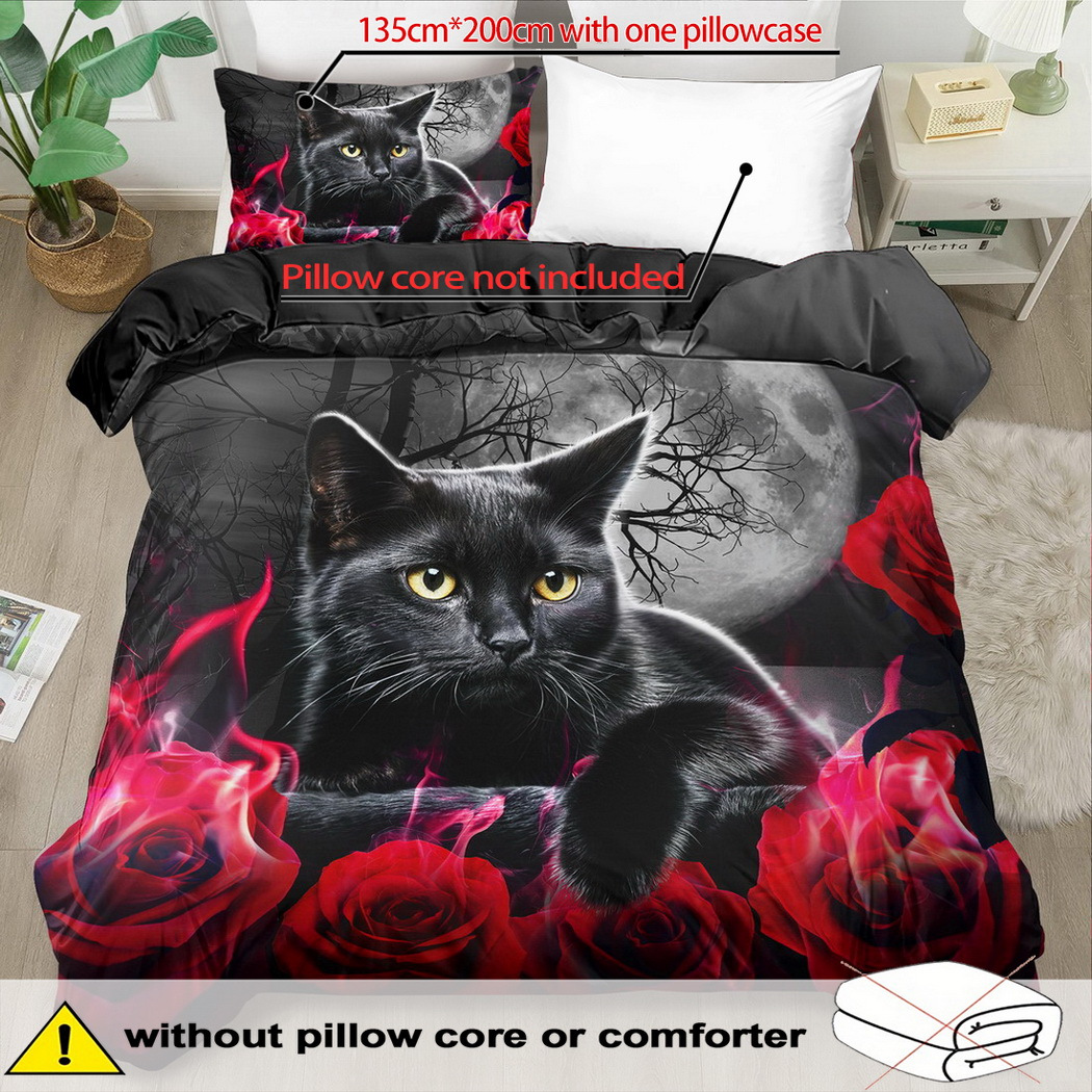 E-shop 2/3-teiliges Bettwäsche-Set mit Katzenmuster, Tierkatzen-Druck Bettdecken-Set, Rote Rose Valentinstag geeignet für Schlafzimmer oder Gästezimmer