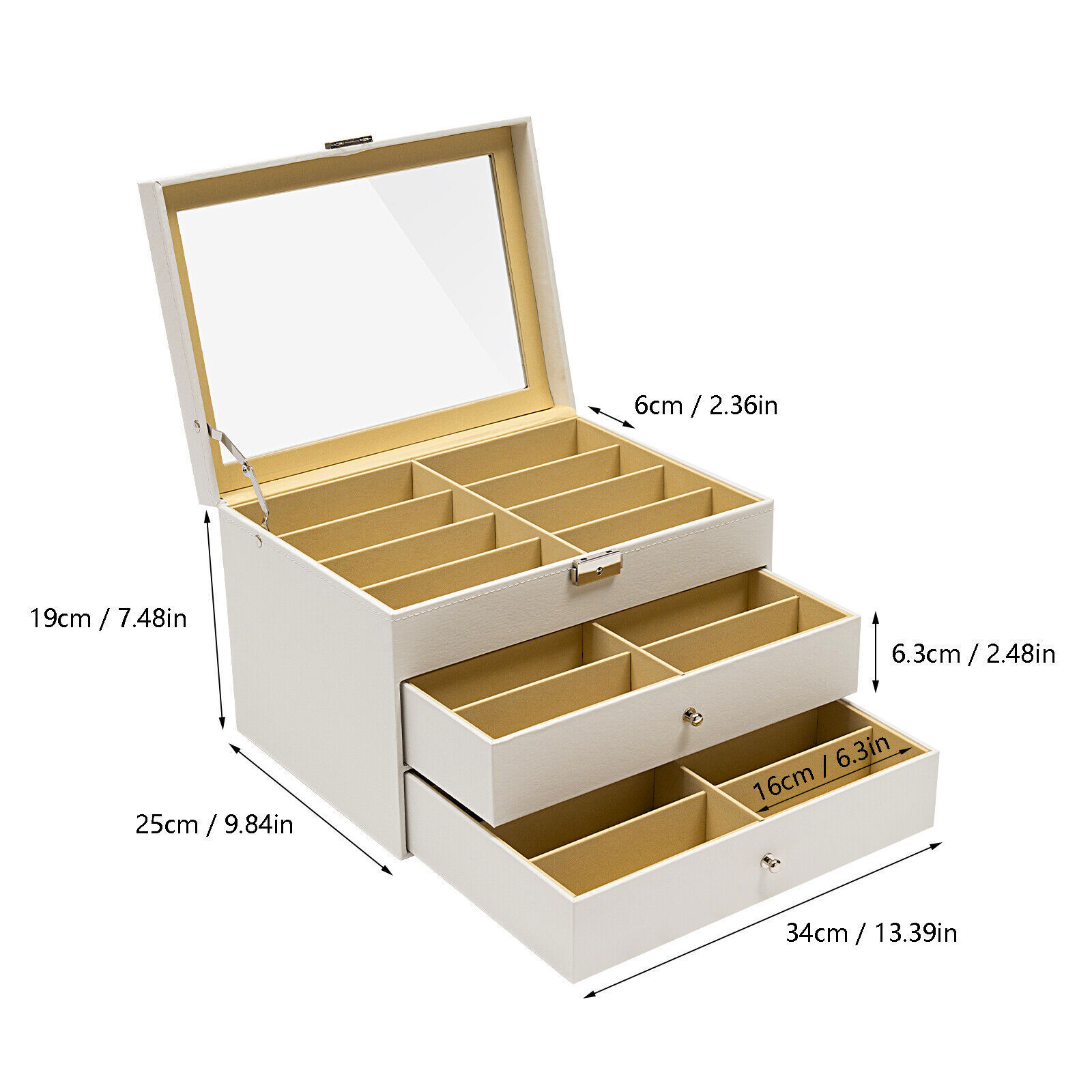 TEMU Présentoir à lunettes à 24 compartiments avec couvercle en verre et doublure douce - Rangement durable en MDF et PU pour lunettes, bijoux,