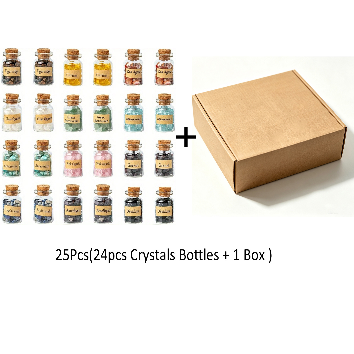 TEMU Ensemble de 25 pièces (24 bouteilles de cristal et 1 boîte), assortiment de chips de cristal et de , ensemble de bouteilles de chips de cristal