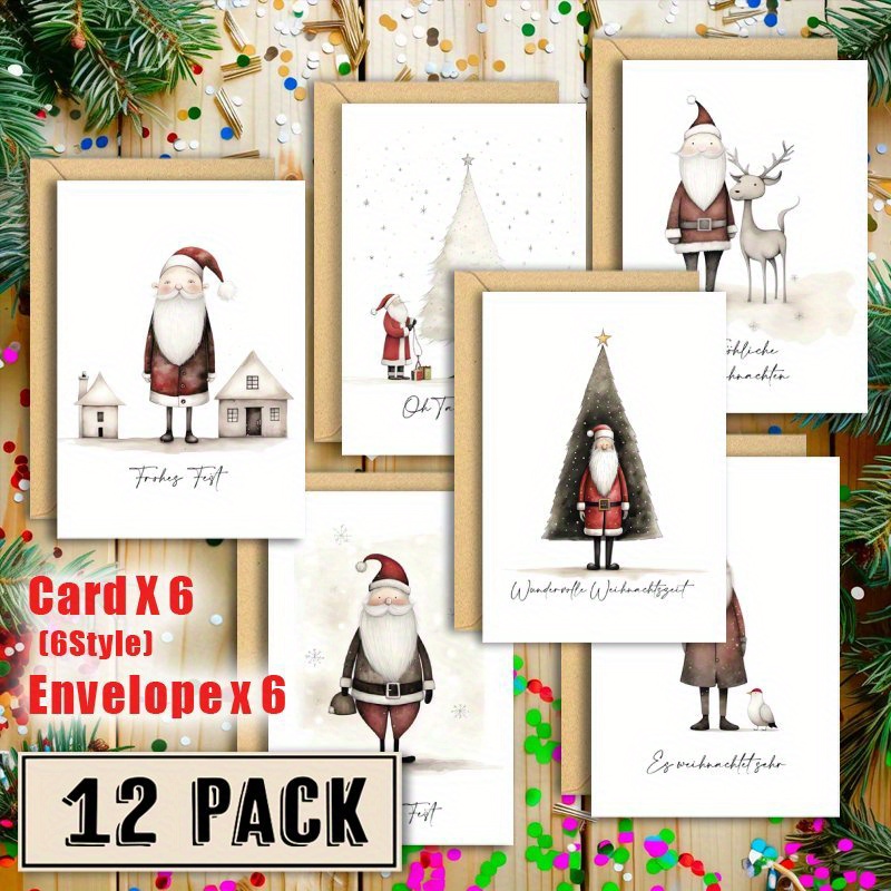 E-shop 12er-Set Weihnachtskarten mit Santa Claus Motiven und Umschlägen, Verschiedene Feiertagsdesigns, Papiergrußkarten für Freunde und Familie,