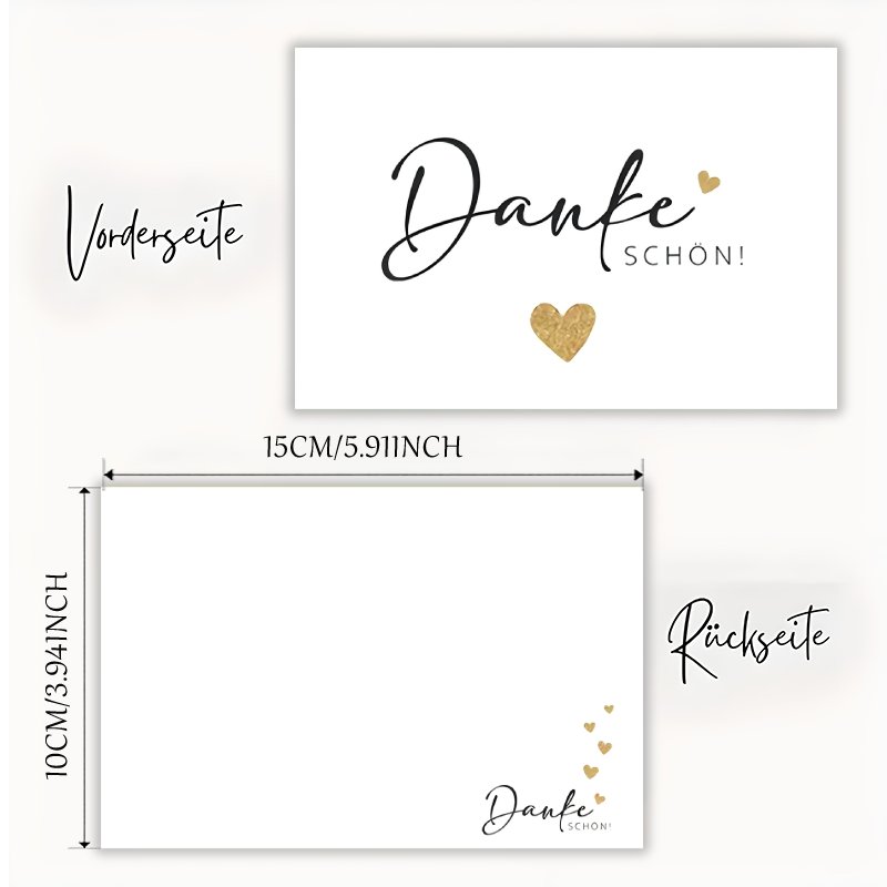 E-shop 20 Stk. elegante deutsche Dankeskarten, geeignet für Hochzeiten, Geburtstage, Taufen – minimalistische Herz-Postkarten mit deutschem Text, für