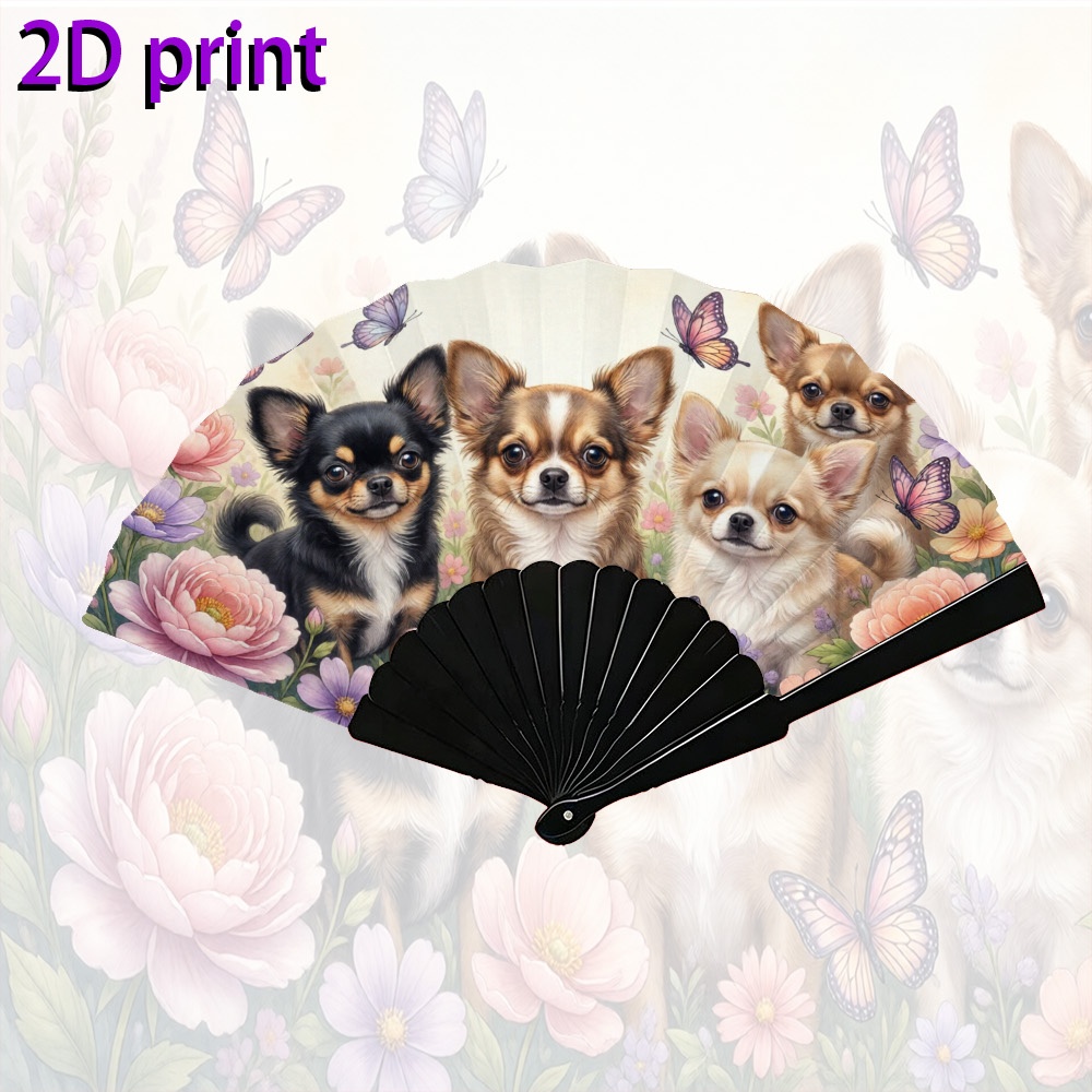 TEMU Pièce unique, Éventail pliant à main pour homme et femme avec illustrations de chihuahua, de fleurs et de papillons, convient pour la danse, les