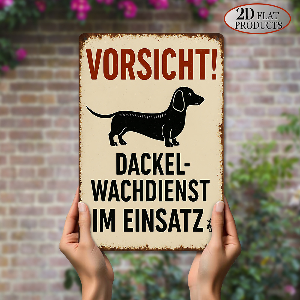 E-shop 2D Flach, 1 Stück 2D Flach, Vintage Metallschild - Lustige Dackel Haustier Warnung Wandkunst, Deutsch-Stil Humorvolle Deko (20,07 cm x 30,23 cm)