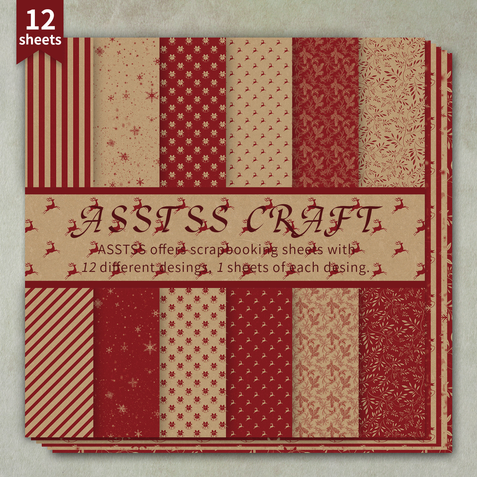 TEMU di carta da scrapbooking ASSTSS da 12 fogli, forniture di carta di supporto con motivo natalizio vintage, cartoncino pesante per journaling, di