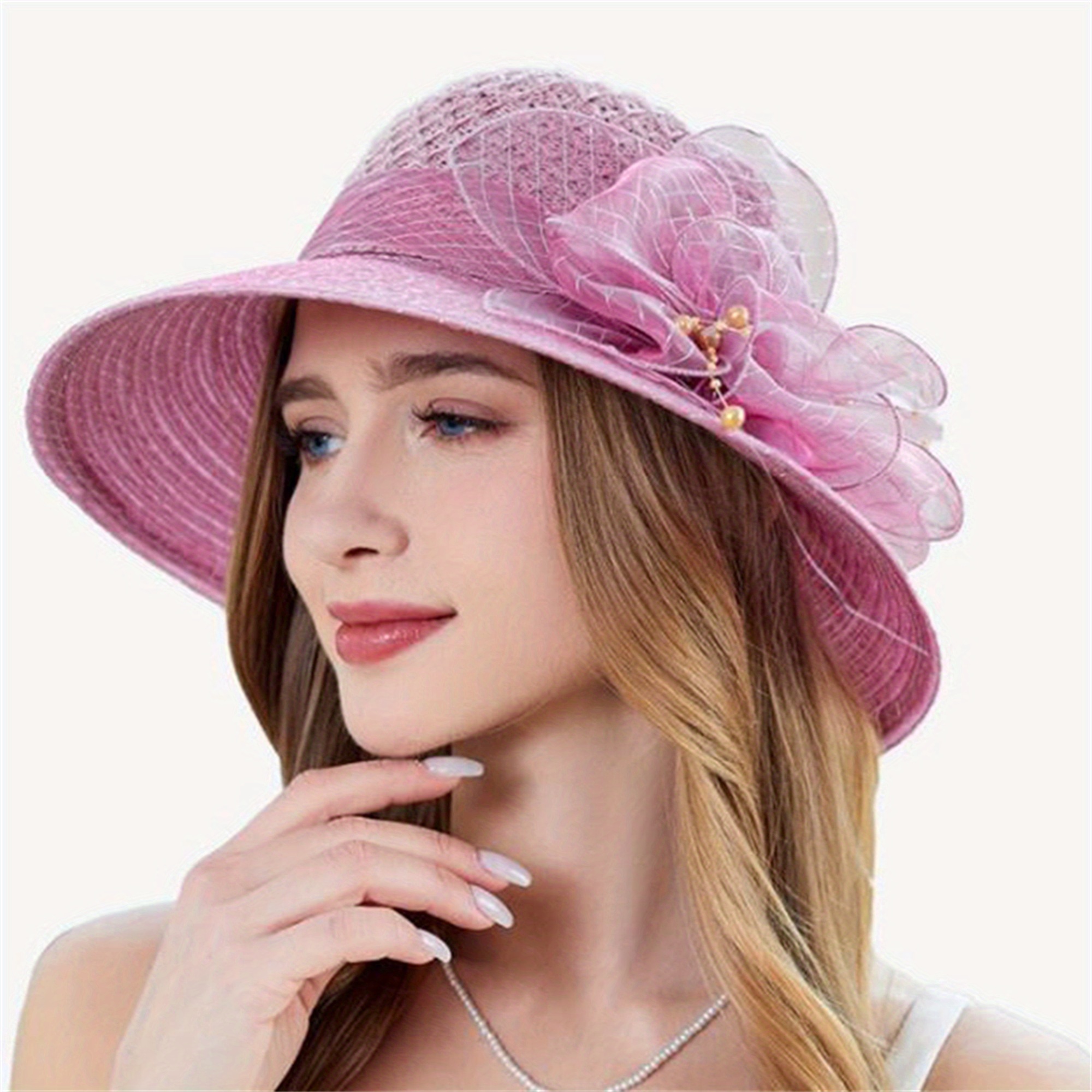 elegant womens organza flower church hat lightweight beige  display picture 2