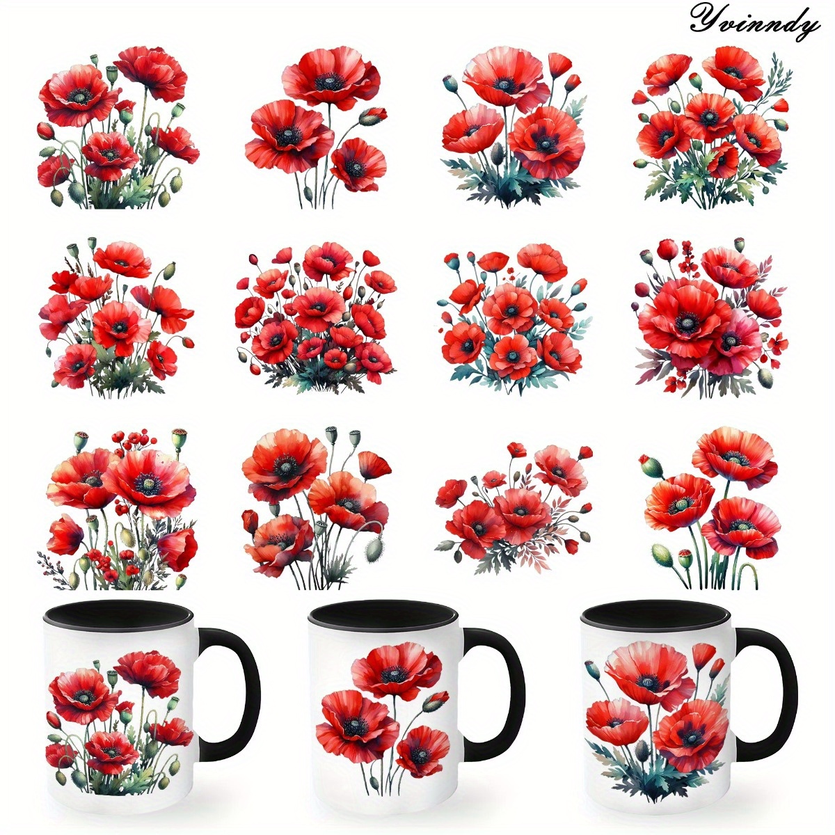 Image of 12pcs/set Poppy Flowers Glass Jar Packaging Stickers Uv Dtf High Self-adhesive Transfer Paper Suitable For Decorating Cups And Bottles