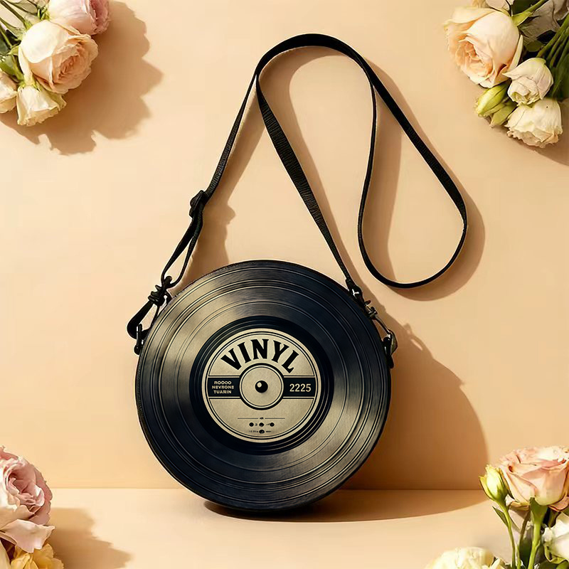TEMU A Vintage-style Women's Shoulder Bag Featuring Vinyl Record Design With 2d Printing. It Features Adjustable Shoulder Straps, A Zipper Closure,