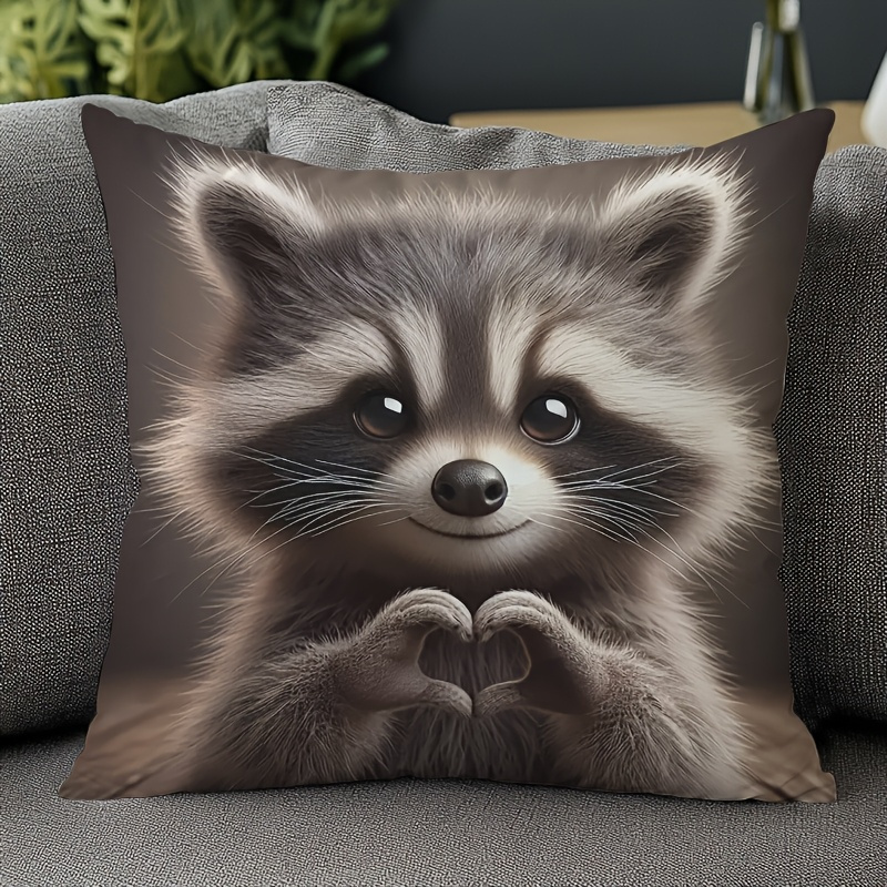 TEMU 1pc Raccoon Heart Pillow Cover - Cute Gray Raccoon With Heart Hands Design, Soft Polyester, Zipper Closure, Machine Washable - Contemporary Home
