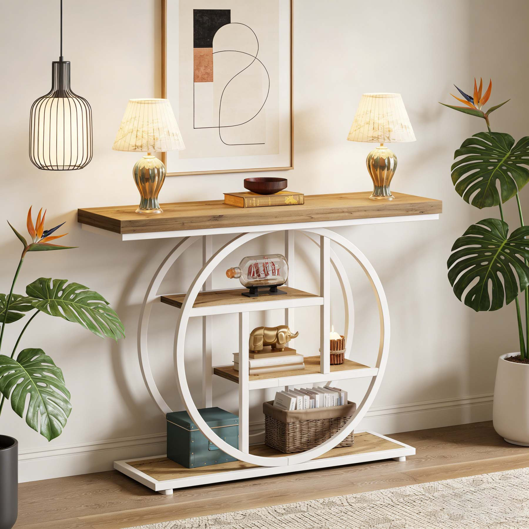 Image of 4-tier Industrial Sofa Table | Entryway Table With Circle Base, 41.3-inch Console Table, Narrow Wood Accent Tables With Storage Shelves For Living Room, Hallway, Foyer, Brown White - Byblight