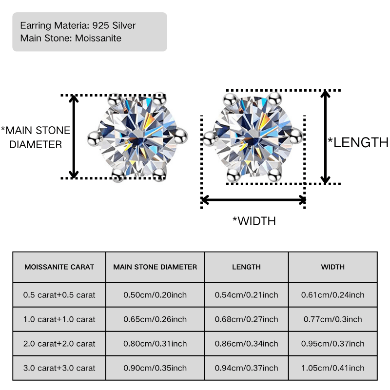 1Pair 0.5/1/2/3 Carat Dazzling Moissanite Stud Earrings, Gift