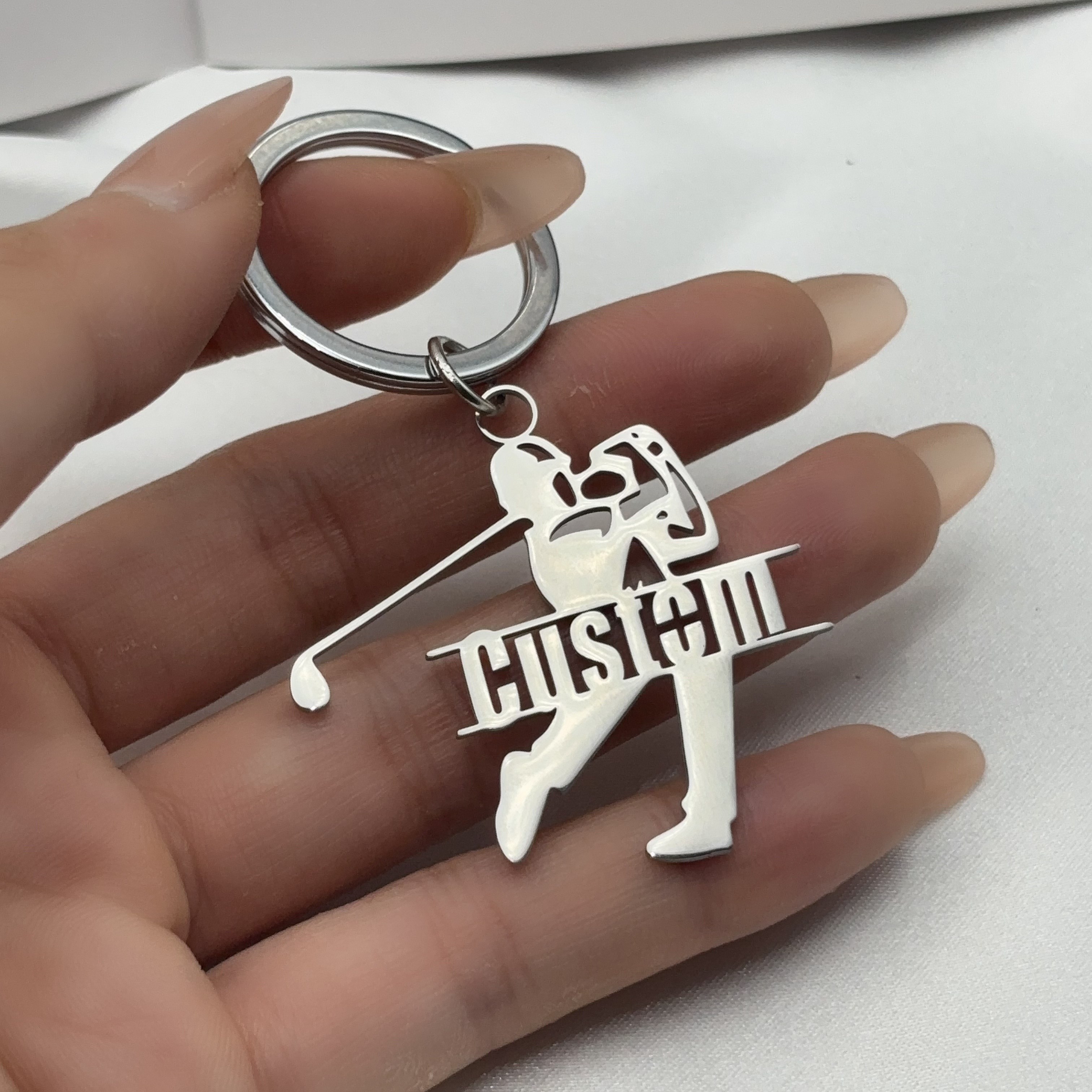 TEMU 1pc Personalized Laser Cut Custom Stainless Steel Keychain, Fashionable Keychain, Golfer Backpack Pendant, Suitable For Backpacks, Keychains,
