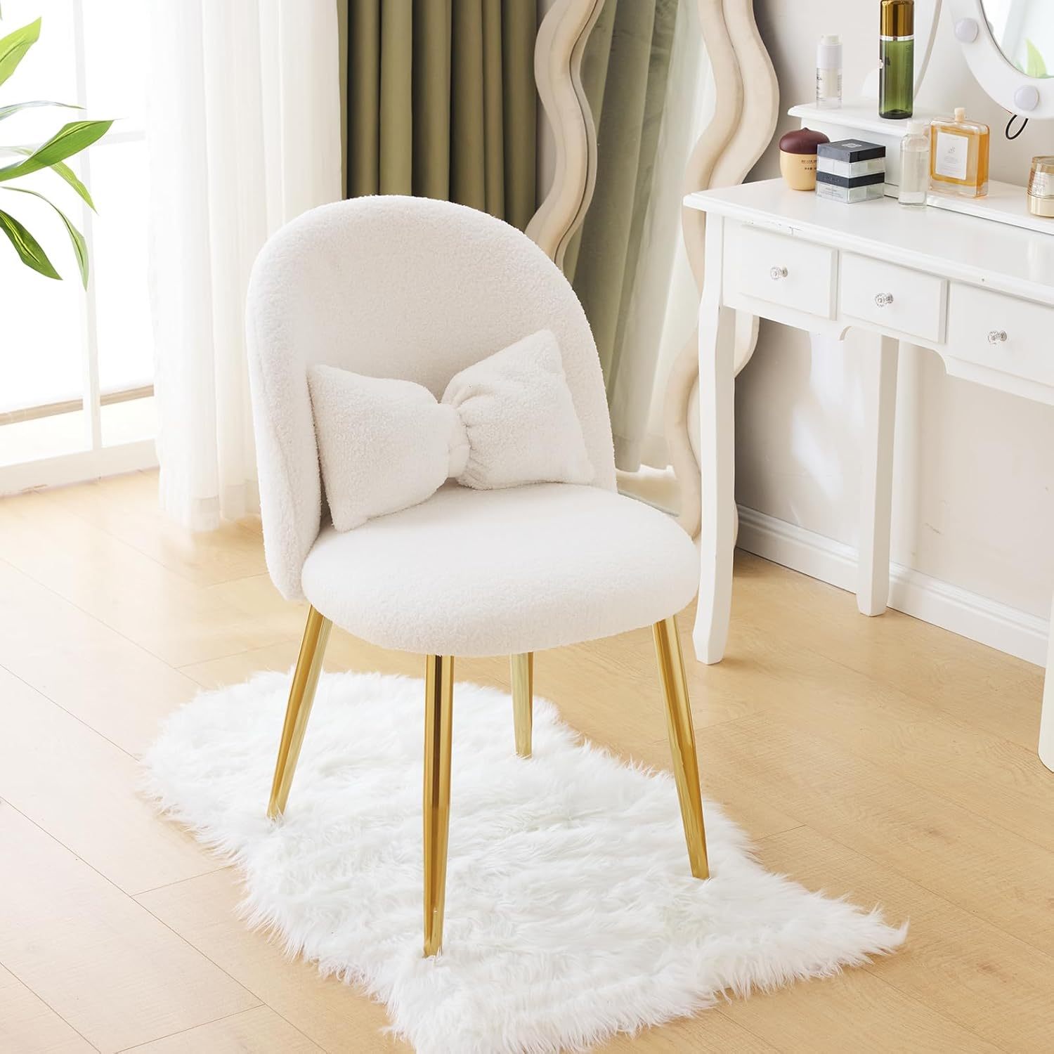 Girls Vanity Chair with Backrest, Small Lounge Chair Without Wheels, Comfy Chair with Bow Cushions, Makeup Chair with Adjustable Golden Legs, Comfortable Chair for Bedroom, Living Room, Small Space