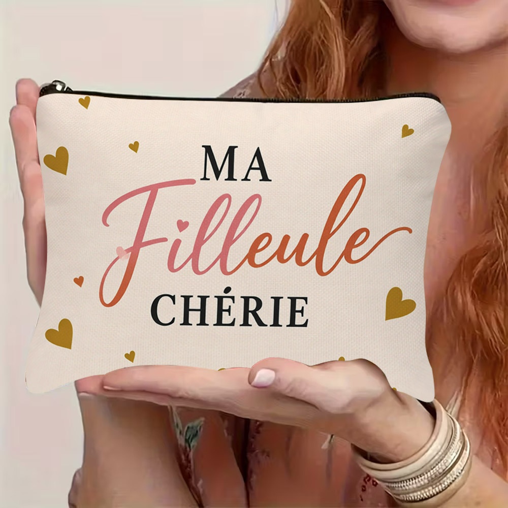 TEMU 1 sac à cosmétiques 2D à impression plate, fond pêche avec des imprimés d'œufs d'oiseaux dorés et roses, "MA Filleule CHÉRIE", fermeture à