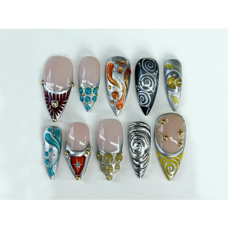 Luxury Baroque Press-on Nails | Handcrafted Silver Swirls And Jewel Tones On Fake Nails | Press-on Nails | Press Ons | Jb407t/ Universal In 899