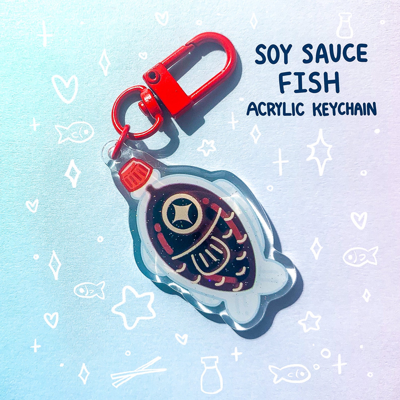 TEMU [2D ] Llavero de Acrílico de Pescado con Salsa de Soja, Dibujos Animados, Lindo Sushi, Cocina Asiática, Ilustración de Snacks, Llavero para