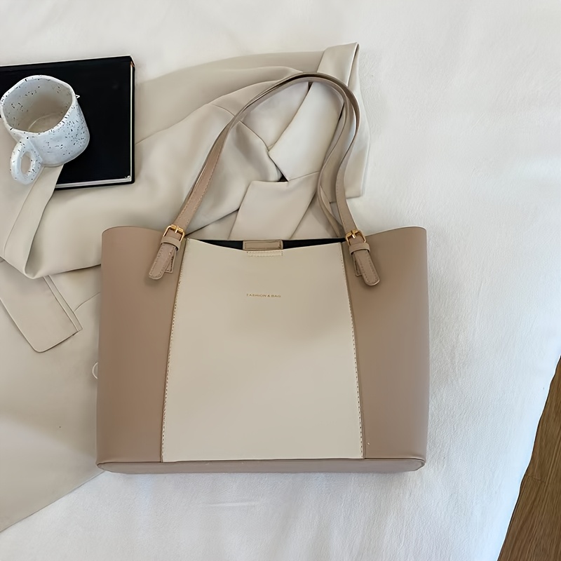 TEMU Large Capacity Casual Tote Bag, Colorblock Design, Letter Decor, Adjustable Shoulder Strap, Elegant Daily Work Handbag For Women
