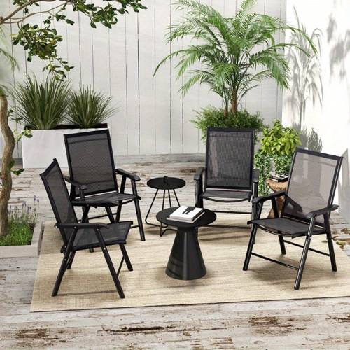 set of 4 folding patio chairs stackable outdoor sling dining chairs with armrests ideal for lawn camping beach metal frame no assembly black