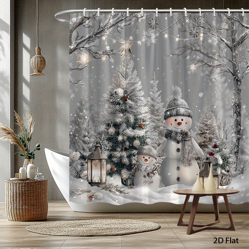 TEMU 1 pièce Rideau de Douche Plat 2D de Neige de Noël avec Arbres Enneigés et Lanternes Décoration Festive pour Salle de Bain Rideau Suspendu