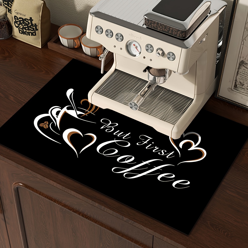 TEMU 1 stuks - "Eerste Koffie" Koffiemachine Mat & Droogpad - Antislip Hoge Absorptie Zwarte Bureau Beschermer Geschikt voor Keuken Aanrechtbladen,