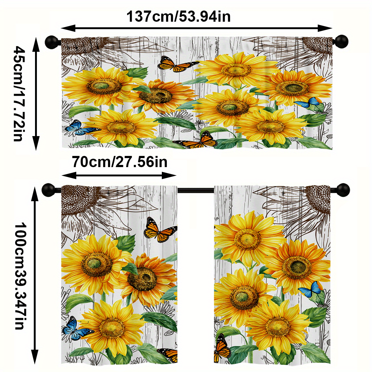 TEMU Ensemble de rideaux de cuisine 3 pièces, ensemble de rideaux à imprimé , rideau à poche pour tringle, 1 rideau de valance / 2 rideaux de café,