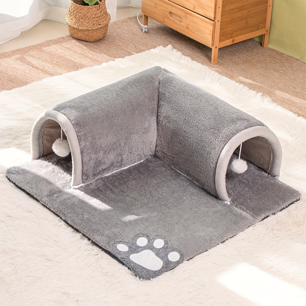 TEMU Cozy Gray Cat Tunnel Bed - Pet Nest For Small To Medium , Polyester