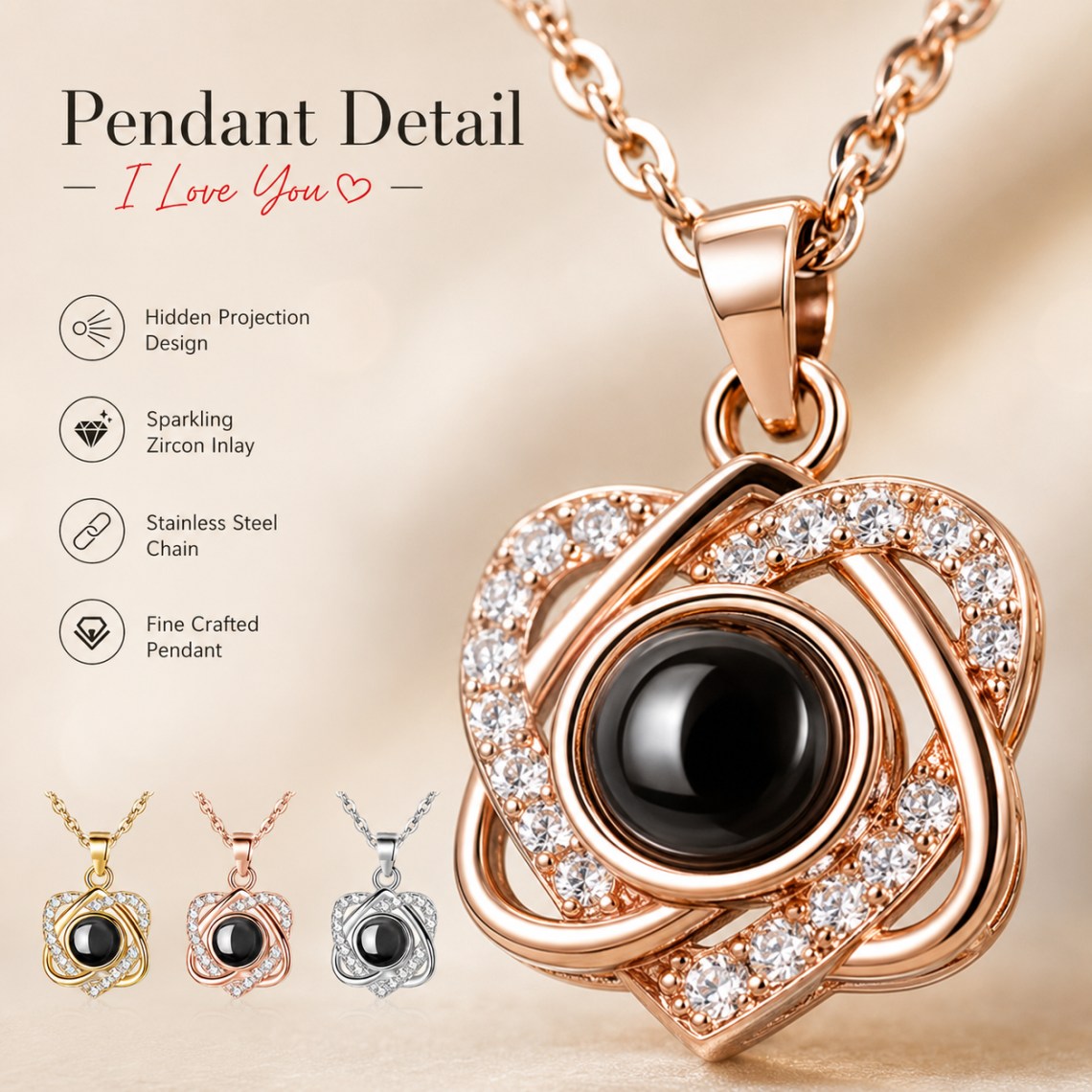 100 Languages I Love You Projection Double Heart Pendant Necklace