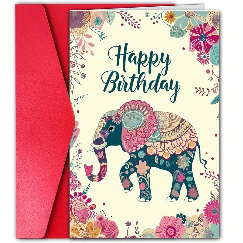 TEMU 1pc Vintage Elephant Birthday Card, With Fun Cartoon Design, Creative Happy Birthday Card, Suitable For Everyone, Perfect Gift For Family Or