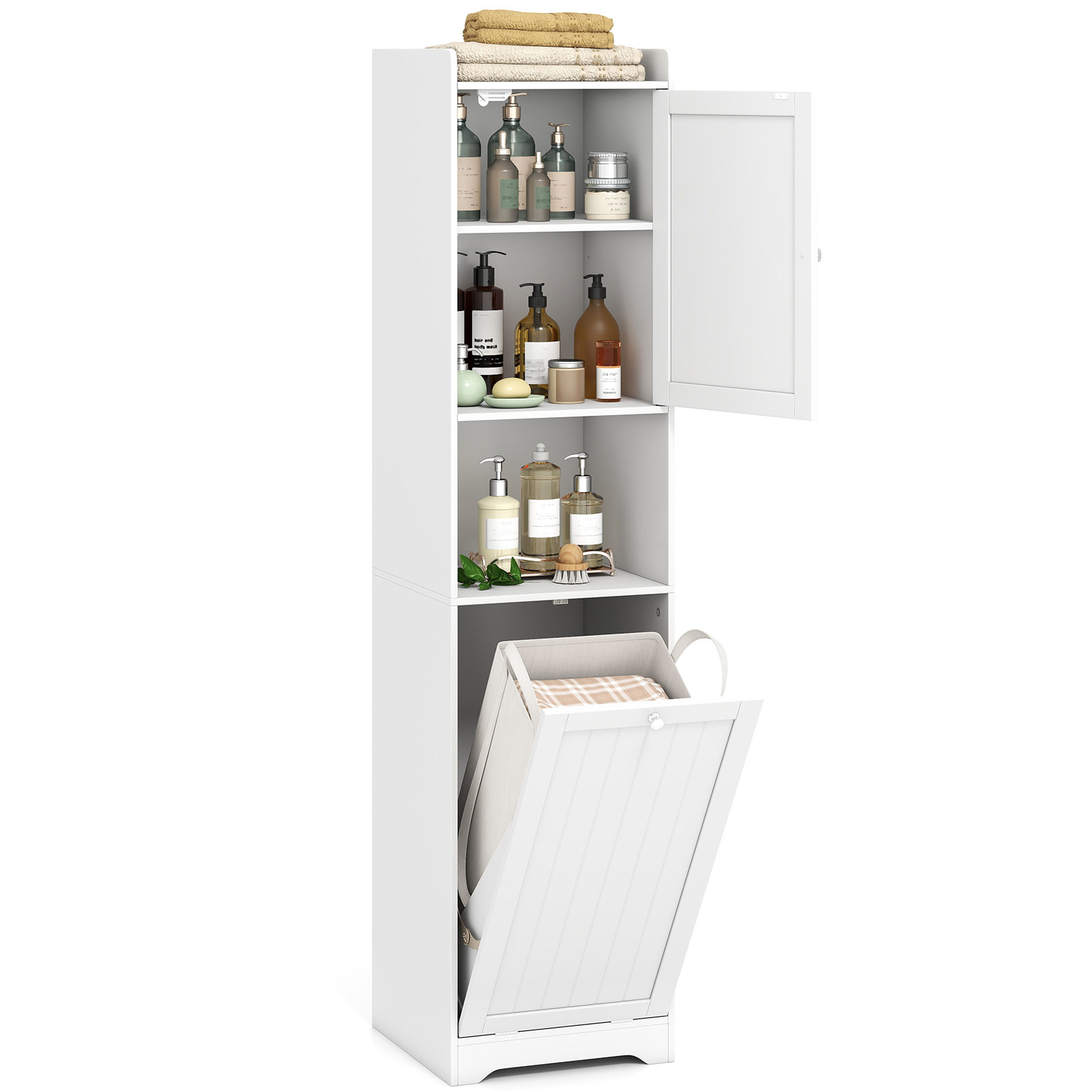 Image of 170 Cm Bathroom Cabinet, Tall And Slim Linen Tower With Storage, Adjustable Shelf, Laundry Bag With Long And Short Handles, Open Shelf