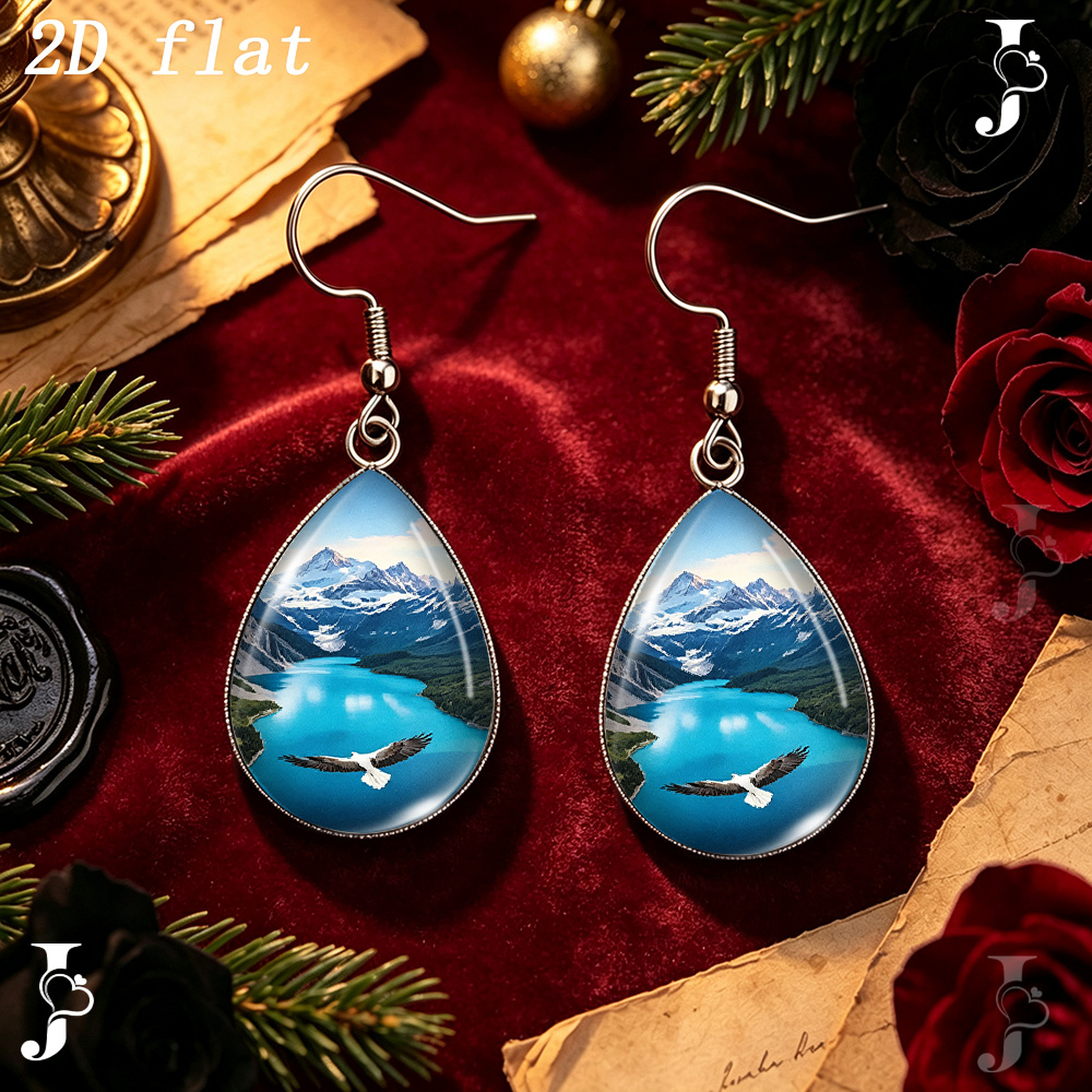 Teardrop Dangle Earrings with Snow Mountain Lake & Eagle Pattern
