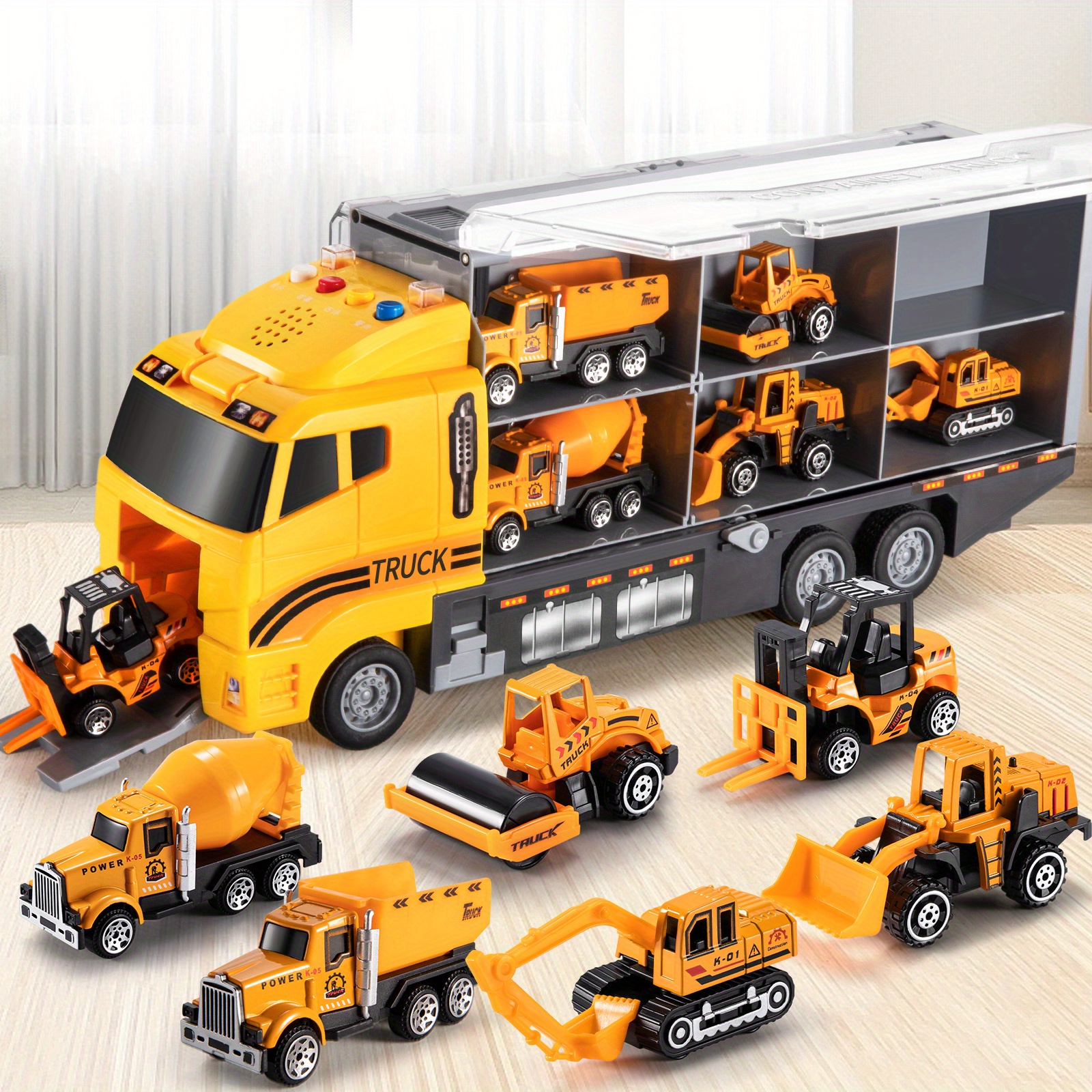TEMU Ensemble de jouets de camions de chantier avec tapis de jeu, camion de transport avec ensemble de voitures jouets en métal moulé , cadeau