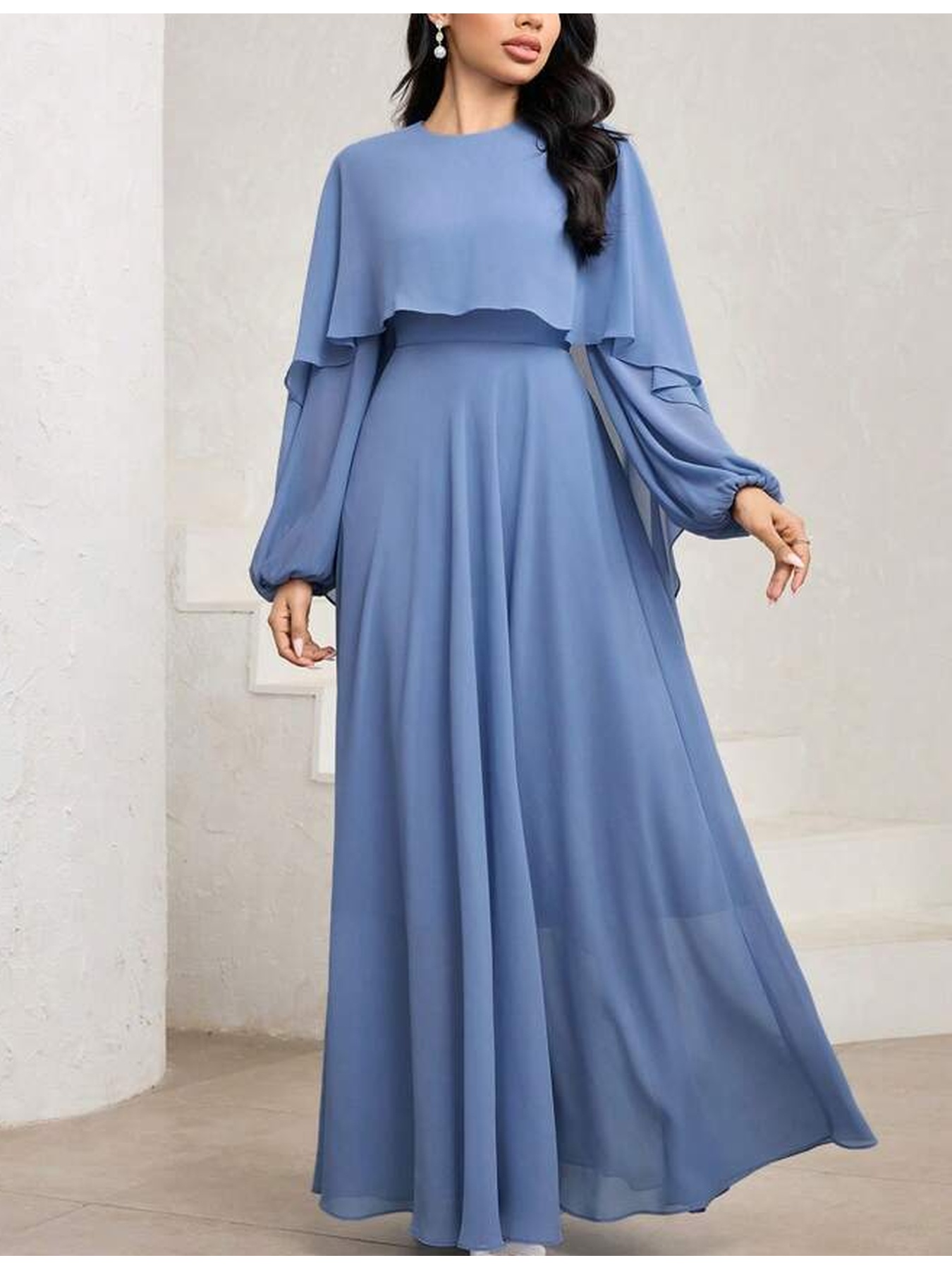 blue chiffon dress womens long knee waist cloak - Temu Mauritius