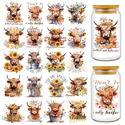 set of 20 highland cow pvc transfer ideal for glass cups featuring a waterproof 3d effect and 16oz uv dtf glass cups and mugs