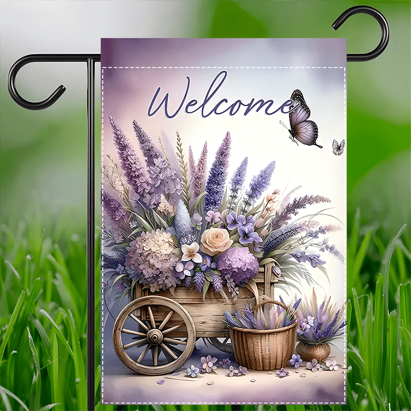 

1pc Vintage Lavender & Flag - Double-sided Waterproof Burlap, 12x18 Inch, With Rustic Wheelbarrow & Flowers, Outdoor Decor, Garden Decoration | Theme | Polyester