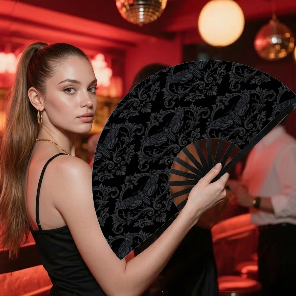 TEMU 1pc Gothic Damask Portable Folding Fan For Travel Silhouette A Festival Fan Suitable For Halloween, Raves, Clubs, Concerts, Themed Parties,