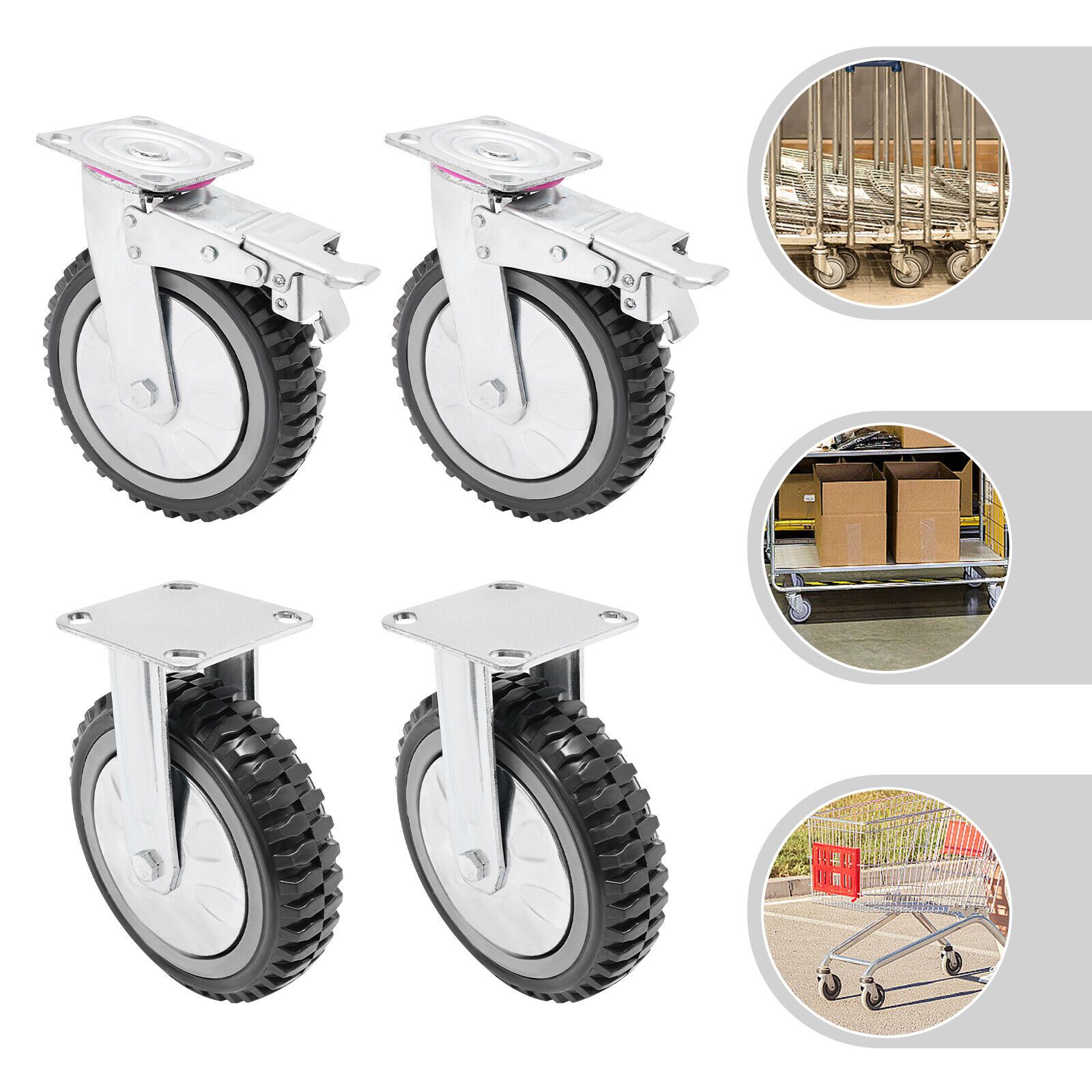 Image of 8 Inch Grey Freestanding Solid Caster Wheels Casters, 4pcs Modern Portable Heavy Duty Swivel Caster Wheels With 360 Degree Ball Bearing Castors Top Plate With Brake 2 Fixed, 2200 Lbs Capacity