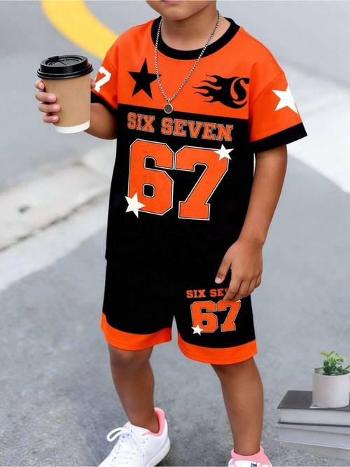 2pcs set boys casual stylish number 67 cartoon print short sleeve t shirt and shorts set comfortable daily wear for spring summer autumn outdoor