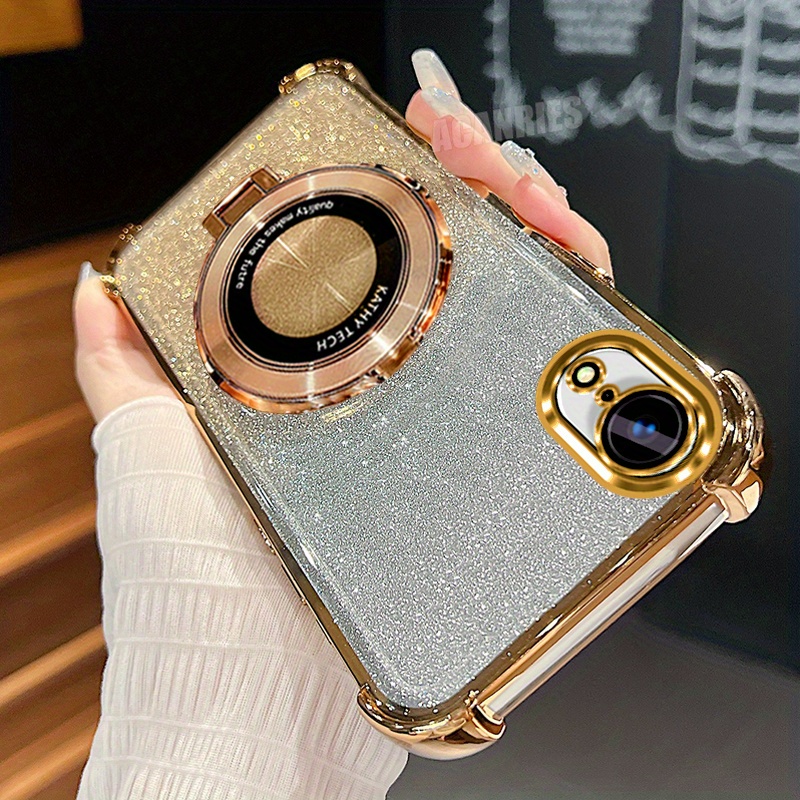 TEMU A Stylish Phone Case For The For Iphone Xr Featuring Ring Holder, A Folding Bracket, And A Glittery Gradient Design, Providing Clear Shockproof